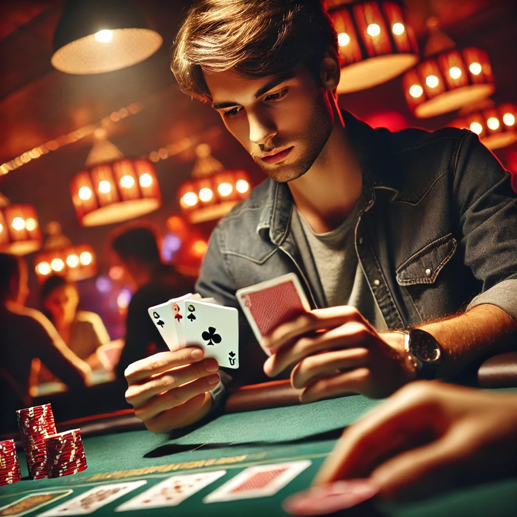 A player analyzing their cards during a Teen Patti Master game. The setting is a dimly lit casino or gaming room with a warm ambiance.